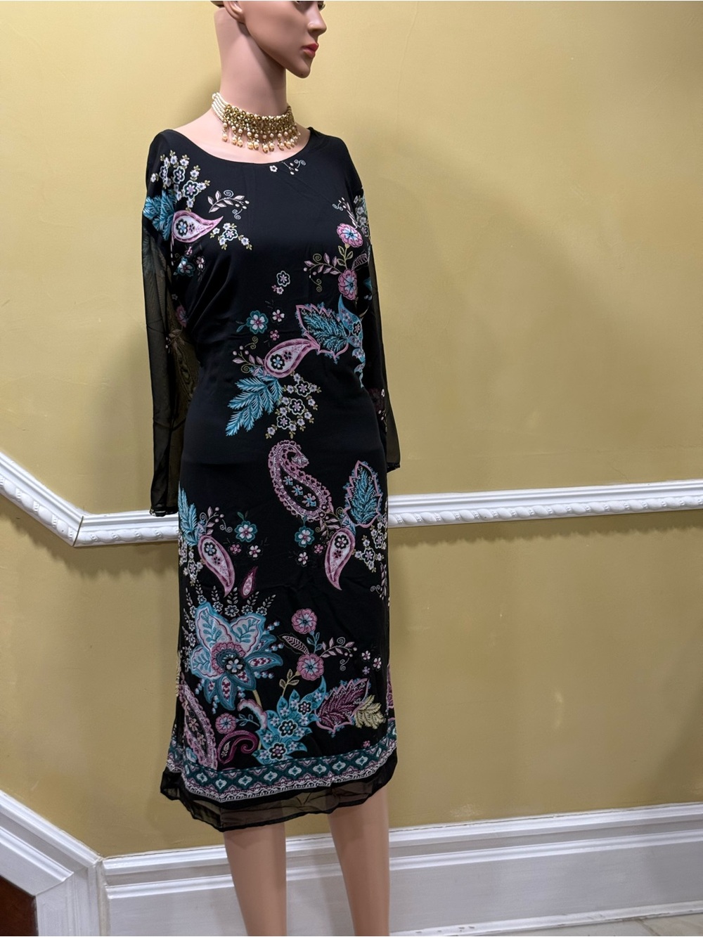 Black Paisley Floral Midi Dress with Mesh Sleeves